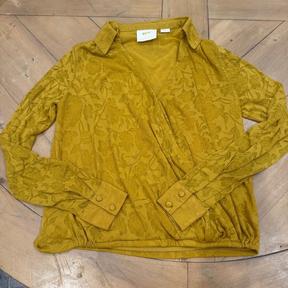 Anthropologie Maeve Textured Floral Wrap Blouse in Mustard Small